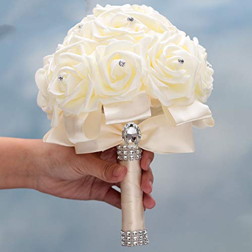 WIFELAI-A Ivory Cream Bouquet for Bride Bridesmaids with Diamond Soft Ribbons Artificial PE Rose Bridal Holding Flowers for Wedding, Party and Church(Dia:8.26inchH:10inch Ivory W2018)… - color: Ivory Cream
