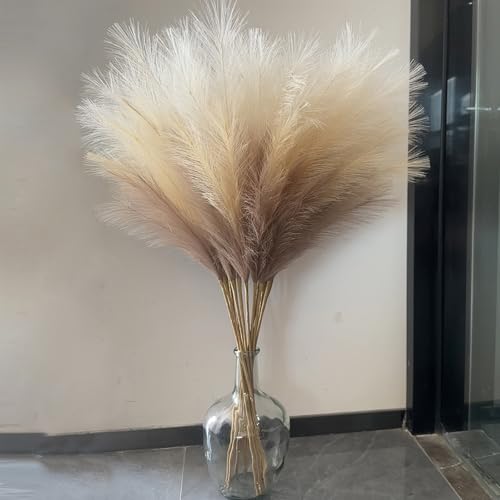 43" Tall Pampas Grass Fluffy - 8 PCS Large Faux Pampas Grass Decor Artificial Pompas Grass for Floor Vase Filler Wedding Boho Home Baby Shower Mothers Day Decoration（Beige Mixed） - color: Beige & Coffee & Brown