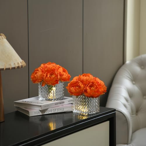 Artificial Peony Silk Flower Centerpieces with LED Light Faux Floral Arrangement in Glass Vase for Home Wedding Table Decoration (Orange) - color: Light-orange