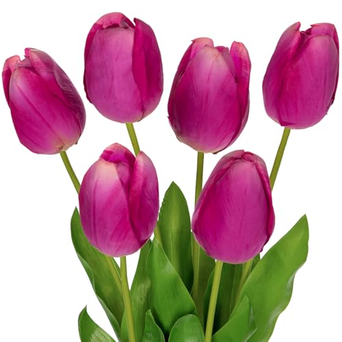 6PCS 23" Fake Tulip Flowers Artificial Fuchsia Tulips Long Stem Faux Flower, Silk Flower Décor for Floral Arrangement Home Farmhouse Wedding Decoration - color: Fuchsia