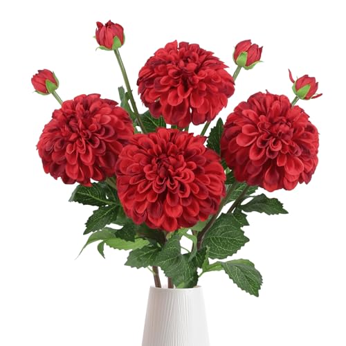 IPOPU 4pcs Artificial Dahlia Flowers Realistic Silk Dahlia Flowers 29" Long Stem Faux Flowers with Buds for Tall Vase DIY Bouquet Home Wedding Decor (Red) - color: Red