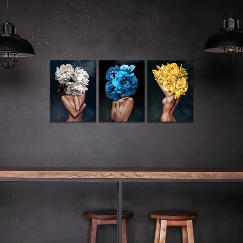 3 Panels Women Pictures Wall Art Flowers Head Posters Prints on Canvas Sexy Girls Artwork for Living Room Bedroom Home Decoration Framed Ready to Hang - 12" W x 16"H x 3pcs - color: Art01, size: 12x16x3pcs