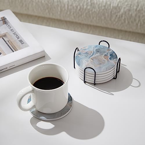 Set of 6 Abstract Blue Marble Coasters with Holder, Absorbent Ceramic Coasters for Drinks, Coasters with Cork Backing for Table Protection, Housewarming Gifts for New Home - color: Abstract Blue Marble
