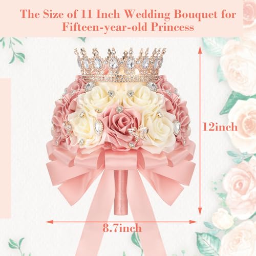 Suncalla 8.7" Ramo de Quinceañera Peach Pink & Cream Bridal Wedding Bouquet with Crown Satin Rose Bling Artificial Flower Bunch Inspiración Ramos para Quinceaños for Bride Wedding Quinceanera