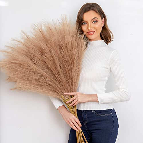 Faux Pampas Grass, 9 PCS 37''/3.1FT Tall Fluffy Fake Pompas Floral, Large Artificial Pompous Grass Branches for Floor Vase Fillers, Boho Farmhouse Room Wedding Decor (Taupe) - color: Taupe