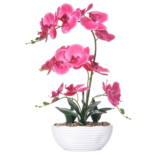 19" H Phalaenopsis Faux Orchid Plant Silk Orchid Centerpiece Artificial Floral Arrangement in Ceramic Pot (Rose Red) - color: Rose Red