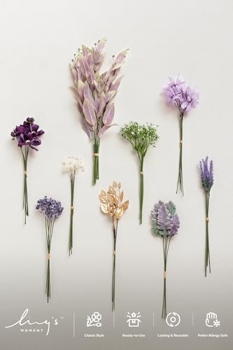 Ling's moment Artificial Greenery Stems Box Set, 42pcs with 9 Kinds of Faux Greenery Picks for DIY Bridal Bouquets Wedding Floral Arrangement Table Centerpieces, Lavender & Golden - color: Prpl-lavender & Golden