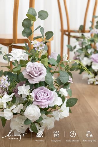 Ling's moment 17.5" Tall Free Standing Artificial Flowers Arrangements 2 pcs Wedding Aisle Runner Chair Decorations Lilac & White Centerpieces for Ceremony Reception Rose Floral Floor Party Outdoor - color: Pr-lilac & White