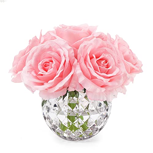 7 Large Stem Rose Artificial Flowers in Vase, Silk Flowers Arrangement in Round Glass Vase Without Water for Home Decor, Wedding Table (Pink) - color: Pink W/O Water