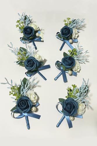 6PCS Navy Blue Boutonniere for Men, Groomsmen Guest Boutonniere, Artificial Flowers for Wedding Decor Prom Homecoming - color: Navy Blue