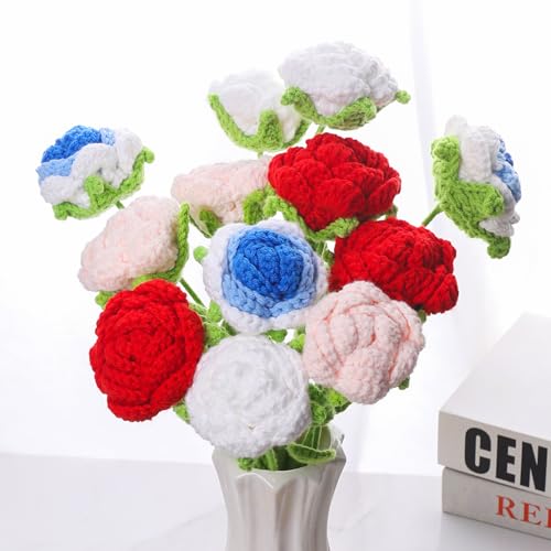 Handmade Crochet Rose Bouquet of 12 PCS,Artificial Knitted Rose Flowers 4 Colors for Home,Office,Wedding,Festival Gift Idea for Mom Girl Women
