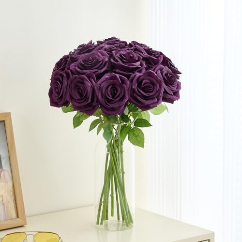 15pcs Fake Roses Artificial Silk Flowers Faux Rose Flower Long Stems Bouquet for Arrangement Wedding Centerpiece Party Home Kitchen Decor - color: 15pcs Plum