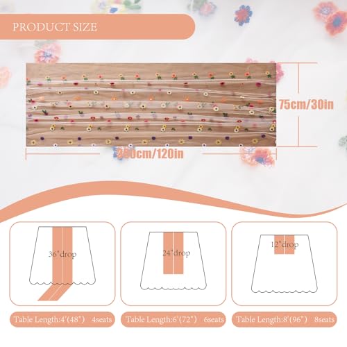 2PC Lvory Embroidery Daisy Table Runner 10ft 120 Inch Fall Florals Gauze Tulle Cheesecloth Holiday Kitchen Dining Table Decoration for Home Wedding Party Baby Shower Birthday Decorations - color: Ivory, size: 10ft x 2Pack