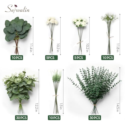Serwalin 100 Pcs 7 Kinds Mixed Artificial Eucalyptus Leaves Stems Bulk with Flowers Faux Silver Dollar Eucalyptus Stmes Greenery Branches for Wedding Floral Arrangement Centerpieces Home Decor - color: Green-100pcs