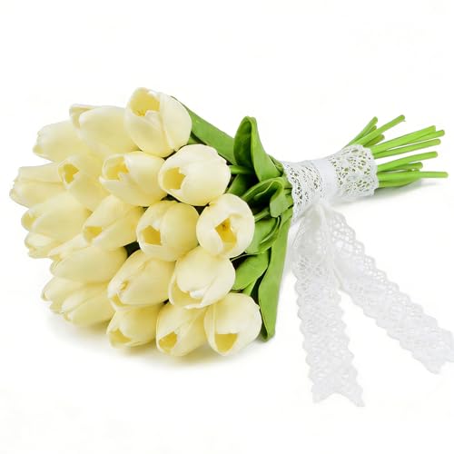 Artificial Tulips Bridal Wedding Festival Decor Bouquet Real Touch PU Flower Bouquet Pack of 20 (Off-White) - color: Off-white