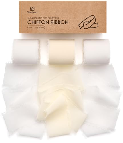 Vitalizart White Handmade Chiffon Silk Ribbon Fringe 1.5" x 21 Yd Frayed Edges Ribbons for Wedding Invitations Bridal Bouquets Gifts Wrapping Crafts Holiday Party Decorations - color: Cream & Off White