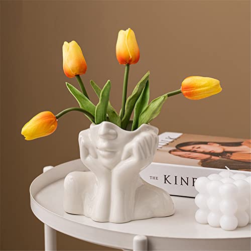 Ceramic Face Vase, White Flower Vases for Decor Female Form Head Half Body Vase Boho Unique Decorative Modern Style for Home Living Room Office Book Shelf (Medium) - color: A(medium)