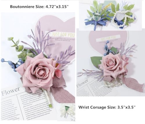 Dusty Pink Corsage and Boutonniere Set for Groom Bride Groomsmen Bridesmaids Wedding Party Prom Artificial Roses Flower Corsage Wristband Boutonniere for Men Wedding Bridal Shower Prom - color: Dusty Pink