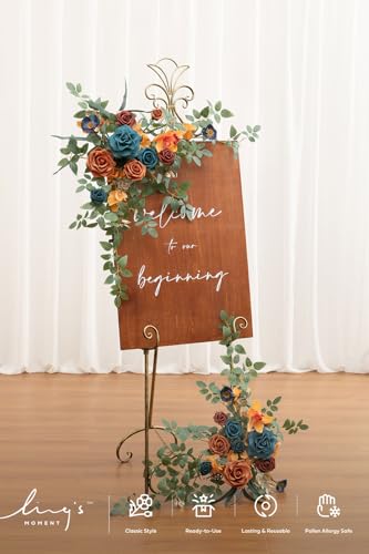 Ling's moment 2pcs Wedding Flowers Garland Artificial Floral Swag Arch Decorations Greenery Arrangements Orange & Teal Ceremony Reception Garden Easel Wall Entryway Outdoor Board(NOT Include Sign) - color: Teal & Orange