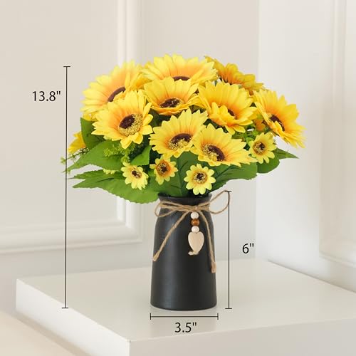 Artificial Sunflower Arrangement in Black Vase - 3 Bunches of Lifelike Sunflowers with Rustic Black Vase for Home Décor, Office, and Special Occasions - color: Black Vase