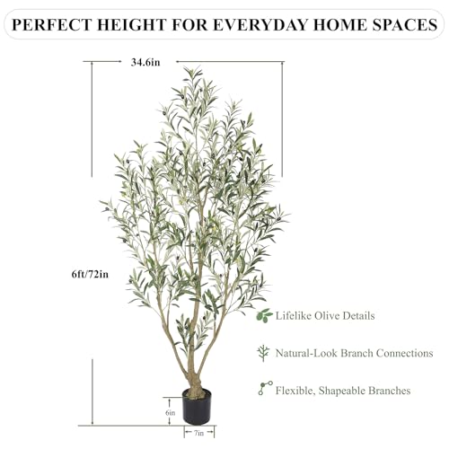 Nafresh Tall Faux Olive Tree 6ft (72in), Artificial Olive Tree with Silk Leaves, Natural-Look Trunk, Adjustable Branches and Lifelike Fruits, Fake Tree for Living Room Bedroom Office Entryway Foyer - size: 6ft