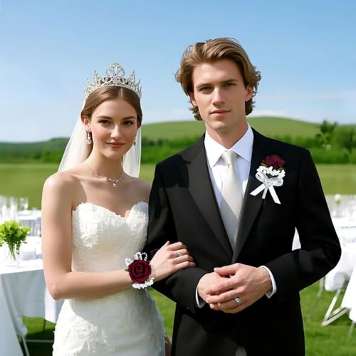 2Pcs Burgundy Rose Corsage and Boutonniere Set, Artificial Wrist Corsage Wristlet Bracelets, Men Boutonniere for Wedding Party Formal Dinner Flowers Accessories Prom Decorations - color: Burgundy