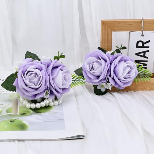 2Pcs Purple Rose Wrist Corsage and Men Boutonniere Set, Artificial Wristlet Band for Wedding Bride Bridesmaid Flowers Accessories Prom Party Groom Groomsmen Suit Decor - color: Purple