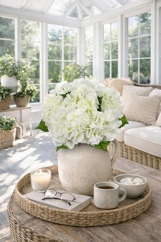 Hollyone White Hydrangea Artificial Flowers 6pcs Large Real Touch Faux Hydrangeas Silk Flowers Bouquets Fake Flower with Stems for Home Decor Indoor Wedding Kitchen Centerpiece Table Decorations - color: White