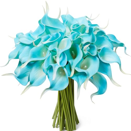 24 Pcs Artificial Calla Lily Flowers Fake Silk Flowers Real Touch for Wedding Bouquet Office Home Kitchen Decor (Peacock Blue) - color: Peacock-blue