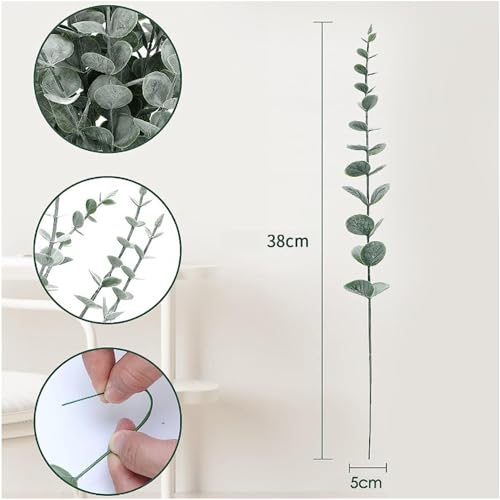 ABAJI Plastic Eucalyptus Deep Green Stems 12 Fake Faux Decorations Artificial Leaves Greenery Plant Leaf Home Office House Table Desk Decor Wedding Party Vase Forever Live - color: Deep Green