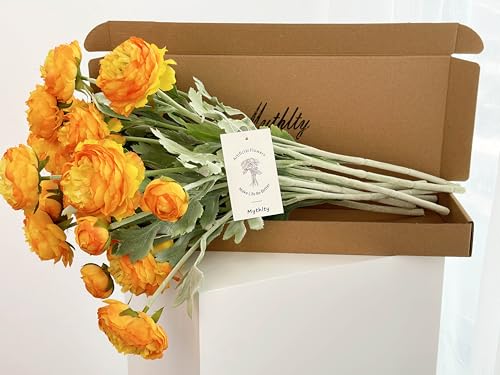 7 pcs Orange Peonies Artificial Flowers, Fake Ranunculus for for vase, Fake Silk Flowers for Home Table Centerpiece Office Desk Farmhouse Kitchen Dining Coffee Table Decoration (Light Orange) - color: Light Orange