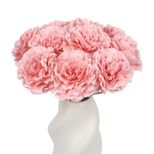 Pink Carnations Artificial Flowers 10Pcs Large Carnations Heads Lush Silk Flowers Bouquet with Stems for Wedding Bouquets Bridal Home Table Centerpieces(Pink) - color: Pink