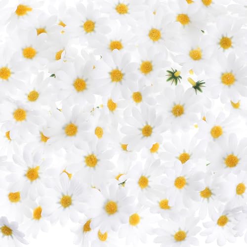 Nogeqi 100 Pcs Daisy Flower Head Artificial Daisy Flower White Gerbera Fake Flowers Heads for DIY Garland Craft Birthday Wedding Party Easter Bonnet Home Decoration