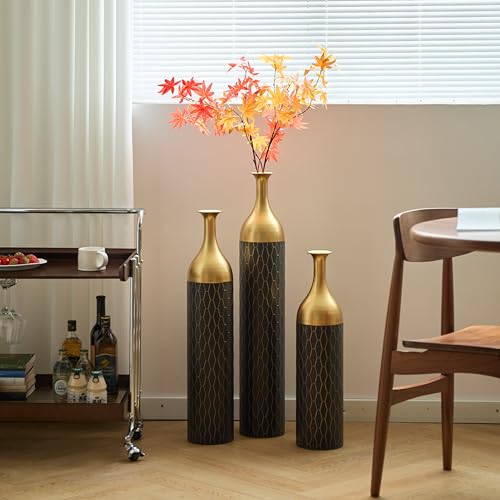 Metal Floor Vases Decorative, Set of 3 Flower Arrangement Stand, Tall Gold＆Black Metal Floor Vases for Living Room, Bedroom & Entryway, 34.25", 30.31", 24.8" H (Gold＆Black) - color: Gold＆black
