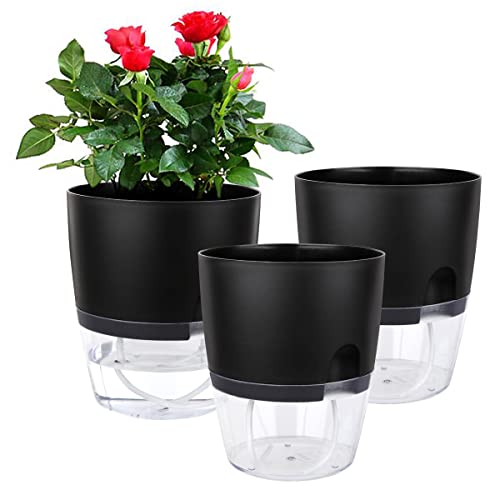 Vanavazon 6 Inch Self Watering Planter Pots for Indoor Plants, 3 Pack African Violet Pots with Wick Rope-Black - color: Black