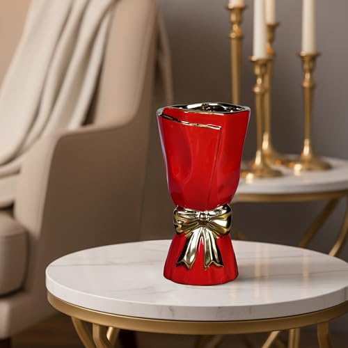 Bow Red Vase for Flower, Modern Ceramic Vase for Pampas Grass, 10 Inch Decorative Vases Home Decor, Festive, Bathroom, Centerpiece for Holiday Table and Party Decor - color: Red, size: 10 inch