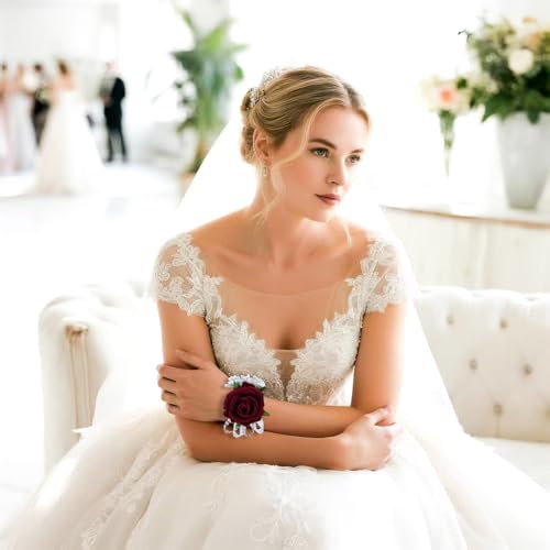 2Pcs Burgundy Rose Corsage and Men Boutonniere Set Women Wristlet Band Wrist Bracelets, for Prom Wedding Ceremony Flowers Decorations and Homecoming Party Accessories - color: Burgundy, size: 1 Boutonniere & 1 Wrist Corsage
