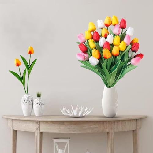 Sggvecsy 15 Pcs Fake Tulips Artificial Flowers Real Touch PU Faux Flowers Tulip Stems for Wedding Spring Bouquet Floral Arrangement Home Party Office Decorations for Mother's Day (Multi Colors) - color: Mixed 1, size: 15 Pcs