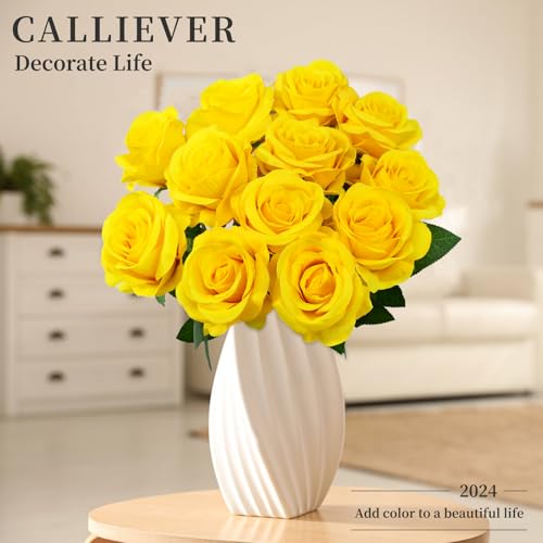 12pcs Rose Artificial Flowers, Fake Rose Silk Flower Bouquet, Faux Roses with Stems - 50cm, Roses Decor for Wedding & Home Decoration (Yellow) - color: Yellow