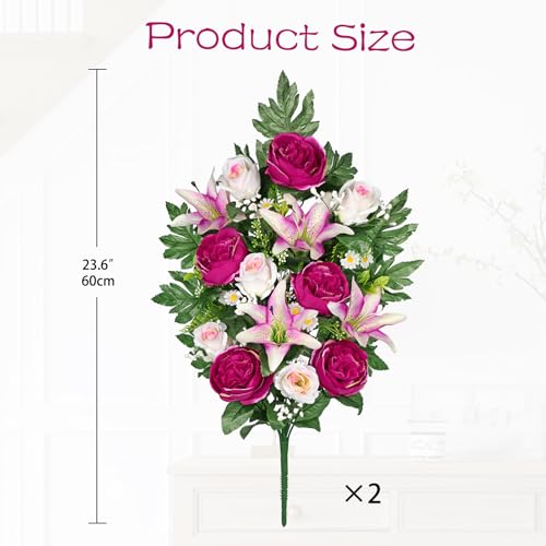 Briful 2 Set Artificial Cemetery Flowers for Grave, Silk Sympathy Grave Flowers Bouquet Fake Rose Peony Lily Floral Arrangement for Outdoor Vase Funeral Memorial Mother’s Day Decor - color: Purple Pink