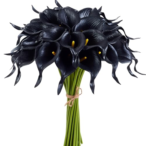 Artificial Calla Lily 12Pcs Black Real Touch Faux Flowers for Wedding Bouquet, Bride Bridal Shower, Spring Home Kitchen Table Decor, Fake Lilies for Centerpieces, Party Decorations - color: Balck