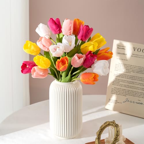 Artificial Tulips - 20 Stems Real Touch Realistic Fake Tulip Flowers, Premium Silk Feel, UV-Resistant, Anti-Fade, Waterproof Lifelike Faux Tulips for Home Decor, Wedding, Party, DIY (Mix) - color: Mix
