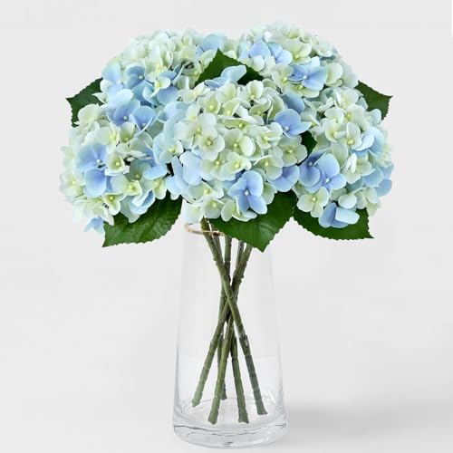 ZYTUYO 5PCS Light Blue Hydrangea Artificial Flowers Small Fake Latex Real Touch Hydrangeas Flowers with Stems Faux Silk Bouquet for Home Decor Table Wedding Party Outdoor Centerpieces - color: Blue Green