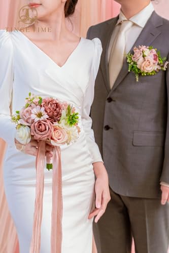 TINGE TIME 9 inch Bridal Bouquets for Bride, Artificial Silk Flowers Tossing Bouquet, Bride Bouquets for Wedding,Ceremony, Anniversary (DustyRose&Cream) - color: Dusty Rose & Cream