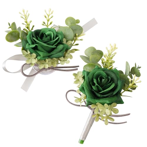 Alizeal 2Pcs of Wrist Corsage and Boutonniere Set, Artificial Flowers Accessories Suit Decor for Wedding Prom Party Homecoming Ceremony, Dark Green - color: 701-dark Green