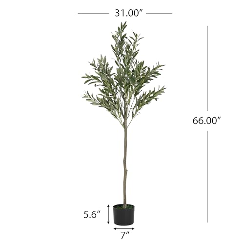 Christopher Knight Home Annas 66''H Artificial Tree Indoor, Artificial Olive Tree with Nursery Pot, Tropical Style Faux Tree with Black Plastic Pot, Artificial Plant for Home Office Decor, 1pcs, Green - color: Green/66''h