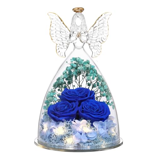 Mothers Day Rose Gifts for Women Preserved Real Flower in Glass Angel Figurines Roses for Delivery Prime Birthday Gifts for Mom Grandma Girlfriend Wife Her, Dark Blue - color: Dark Blue