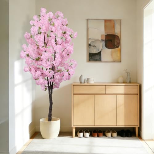 BINCUE Artificial Pink Cherry Blossom Tree Fake Tree Cherry Blossom Decor Fake Flowers Faux Flowering Tree Pink Flowers Floral Artificial Plants for Indoors Outdoors Room Home Decor Gift 5.6FT - color: Pink-06ap