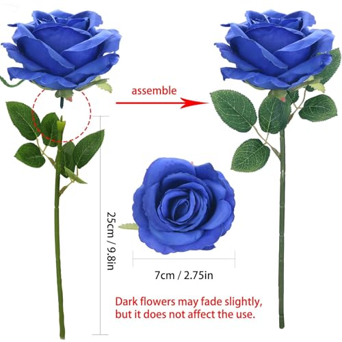 Felice Arts 12 Pack Royal Blue Artificial Flowers with Stems Silk Roses Fake Flowers Bouquet for Wedding Graduation Table Vase Home Kitchen Party DIY Decor - color: Royal Blue