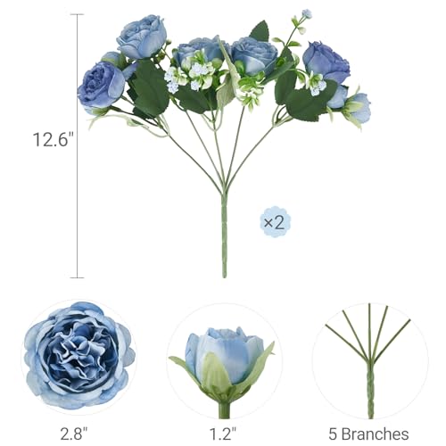 Mkono Peonies Artificial Flowers, Small Silk Flowers for Home Decor Indoor Fake Bouquet Faux Floral Arrangements Dining Table Centerpieces for Kitchen Party Decor Blue - color: Blue